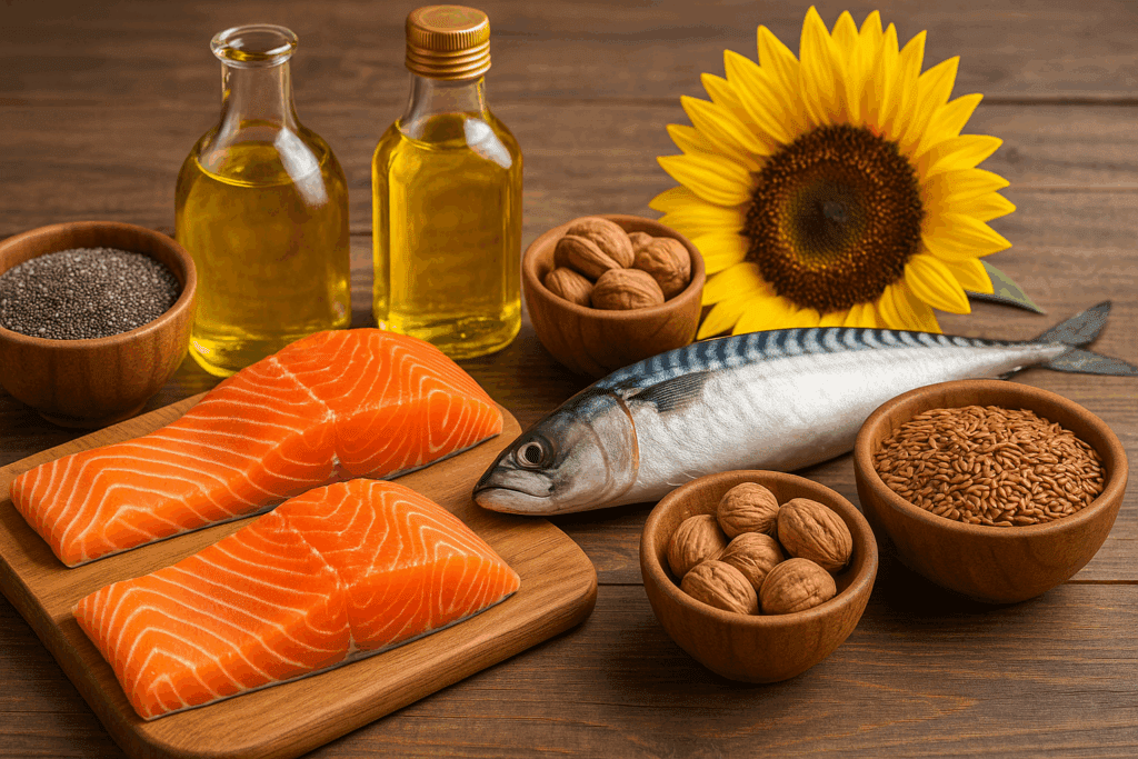 Fresh salmon fillets, mackerel, walnuts, chia seeds, flaxseeds, and vegetable oils on a wooden table illustrating natural sources in the debate of is polyunsaturated fat good or bad.