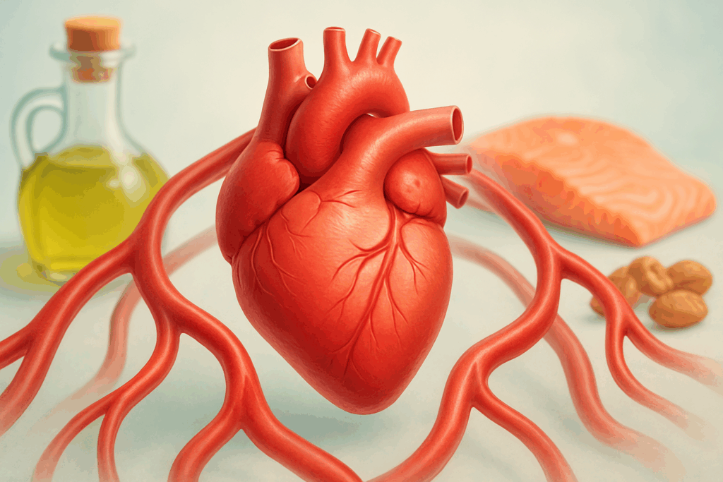 Healthy heart surrounded by flowing arteries with olive oil, salmon, and nuts in background, symbolizing cardiovascular benefits and exploring is polyunsaturated fat good or bad.