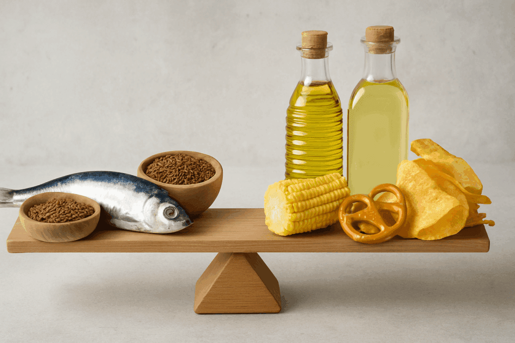 Balanced food scale showing omega-3 and omega-6 sources, visualizing the debate over is polyunsaturated fat good or bad.