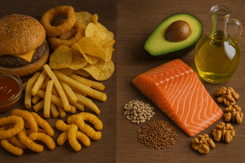 Side-by-side comparison of fast food and chips versus fresh salmon, seeds, avocado, and oil illustrating the question: is polyunsaturated fat good or bad