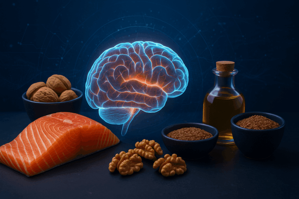 Glowing human brain surrounded by omega-3-rich foods like salmon, walnuts, and flaxseed oil, symbolizing cognitive health and exploring is polyunsaturated fat good or bad.