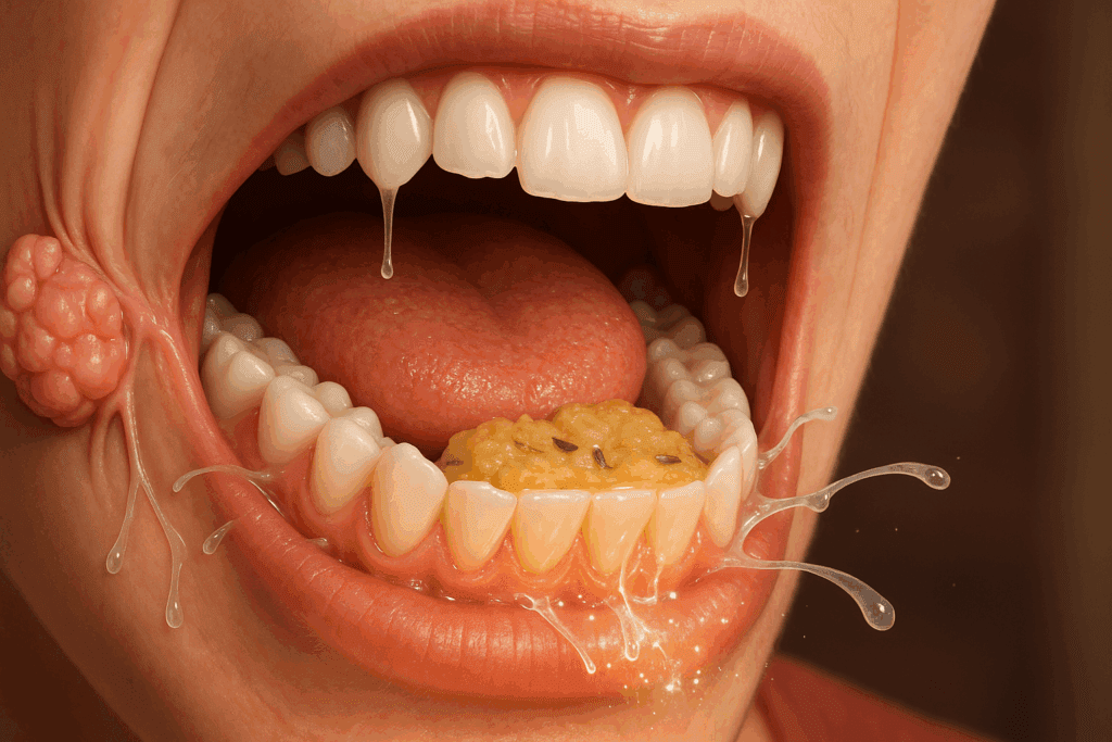 Cross-sectional view of a human mouth mid-chew, showing teeth grinding food, tongue positioning it, and saliva visibly interacting with the food, physically and chemically breaking down food.