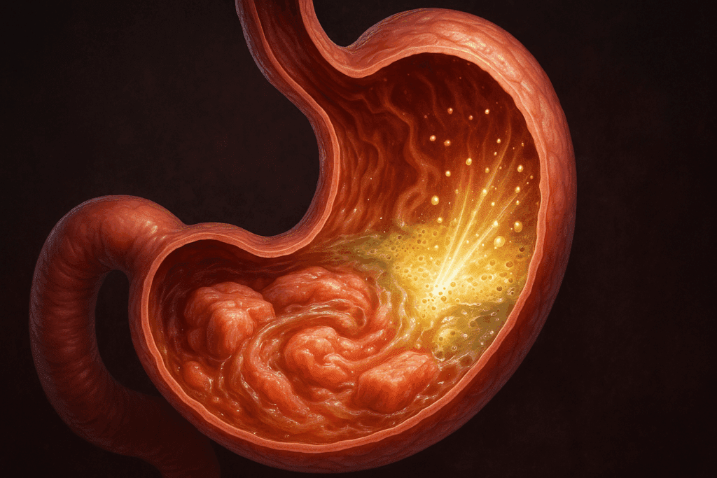 Human stomach illustrating muscle contractions and gastric acid at work, physically and chemically breaking down food during digestion