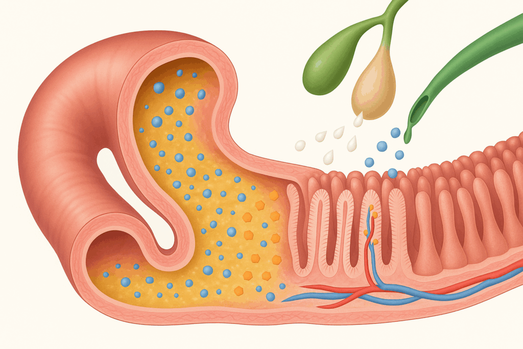 Medical illustration of the small intestine physically and chemically breaking down food with enzymes, villi, and nutrient absorption into blood vessels