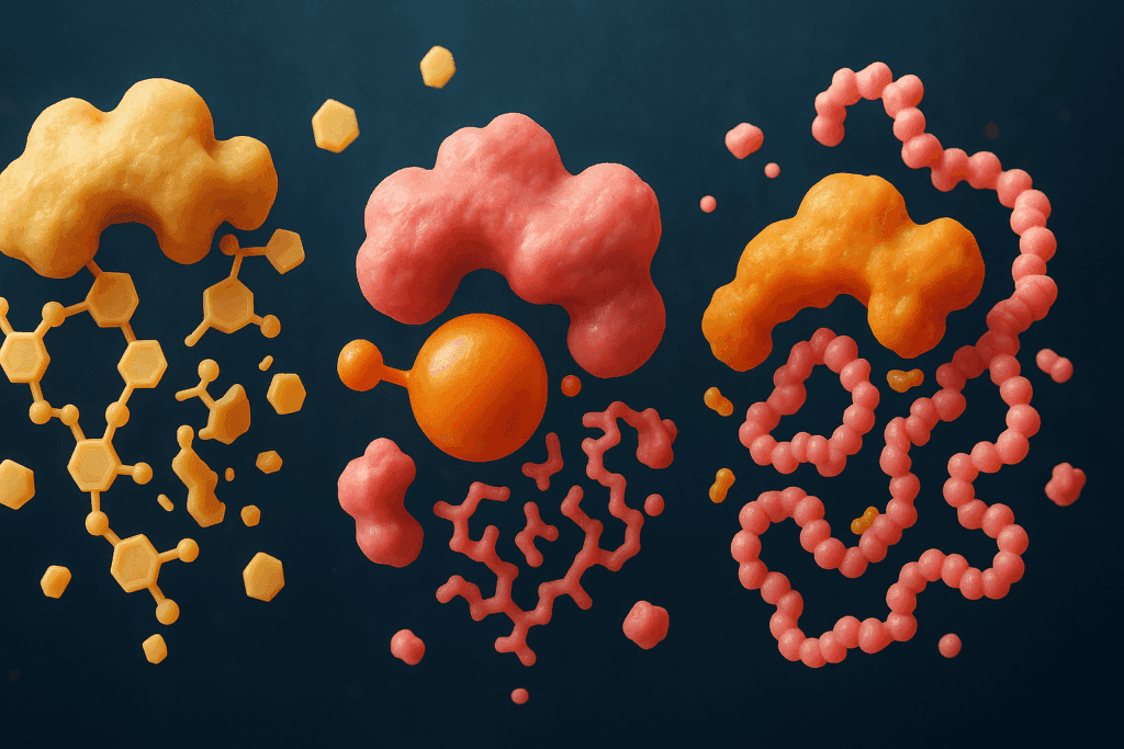 Microscopic illustration of enzymes physically and chemically breaking down food by targeting carbohydrates, fats, and proteins at the molecular level.