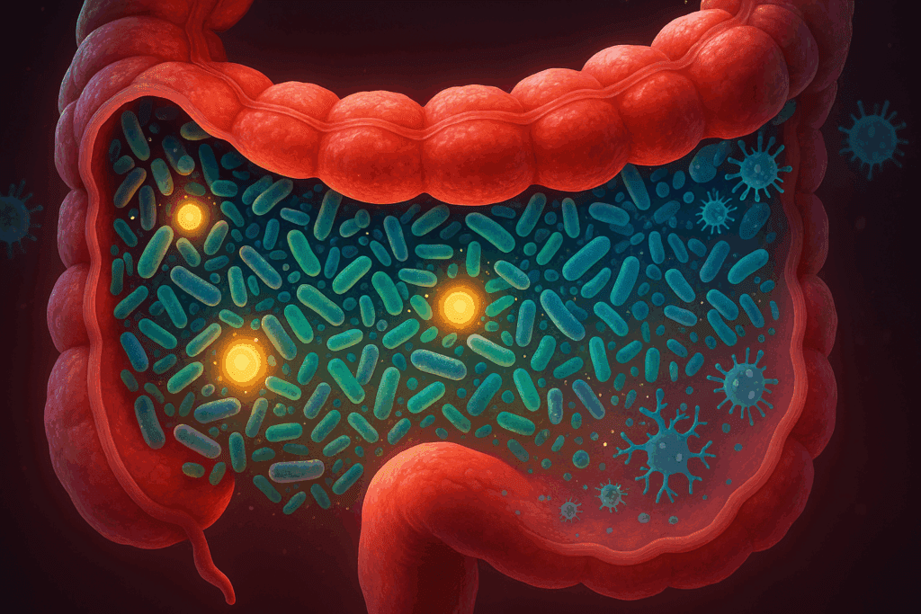 Cross-section of the large intestine showing gut bacteria physically and chemically breaking down food into nutrients and short-chain fatty acids.