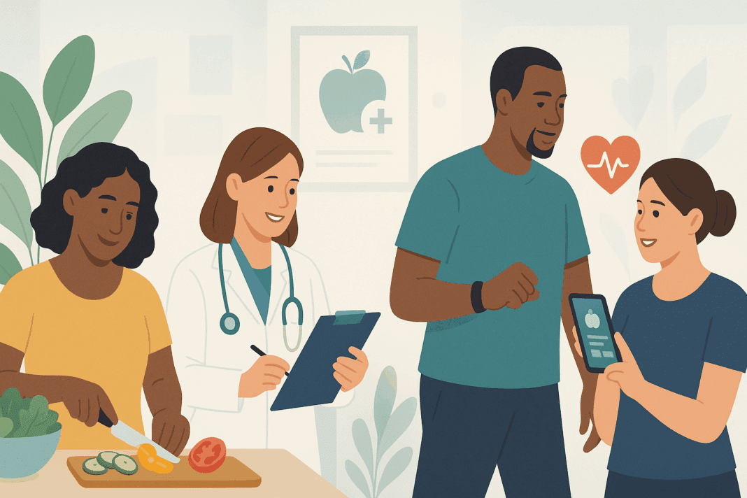 Diverse individuals participating in expert-backed weight loss programs, including meal prep, dietitian consultation, fitness tracking, and digital health app use in a clinical setting.