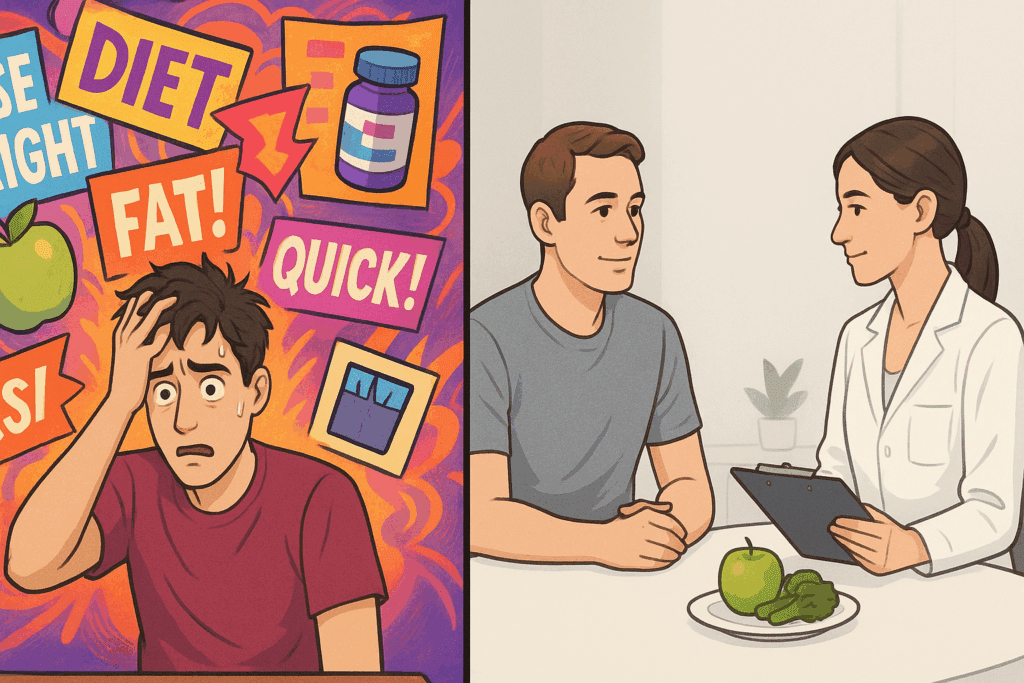 Split-screen illustration comparing chaotic fad Weight Loss Programs with a calm consultation between a man and a nutritionist