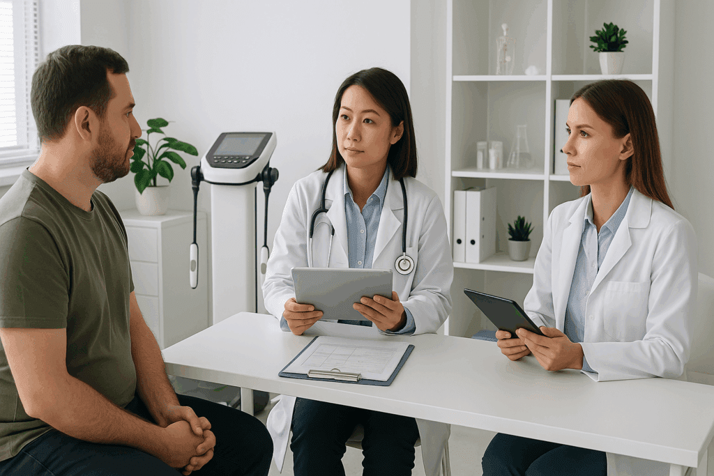 Patient in medical office consulting with a doctor and dietitian about weight loss programs using tablets and body composition monitor