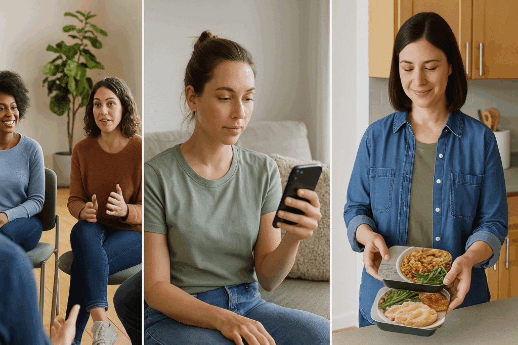 Three women using different Weight Loss Programs: one in a group meeting, one tracking progress on a phone app, and one receiving prepackaged meals at home.