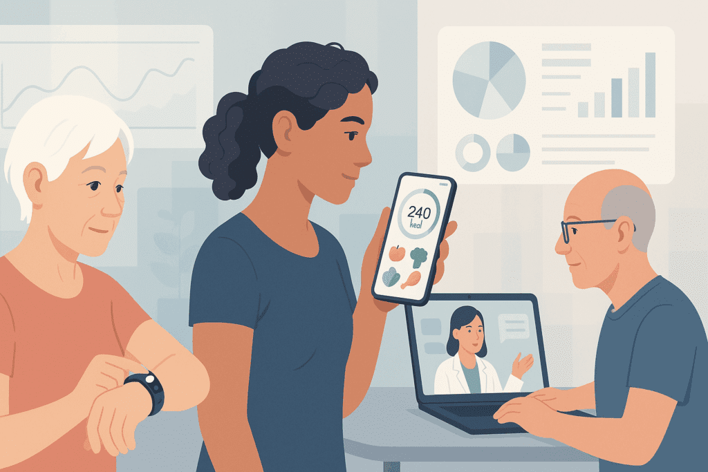 People of different ages using digital tools like health trackers, apps, and virtual consultations as part of modern Weight Loss Programs.