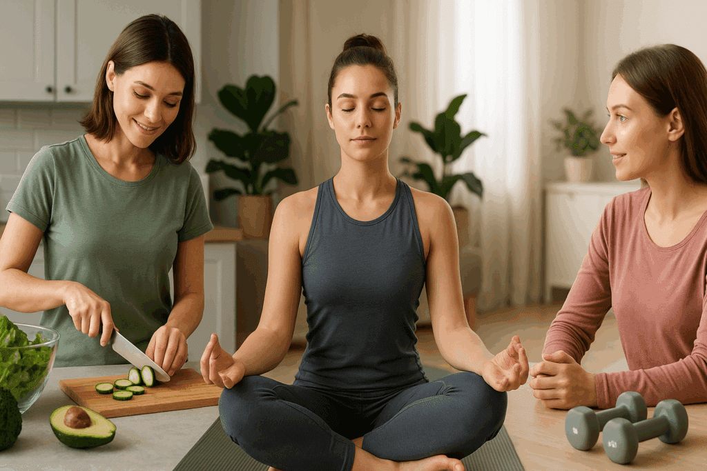 Women engaging in personalized weight loss programs with hormone-friendly meal prep, yoga for stress relief, and expert health consultation