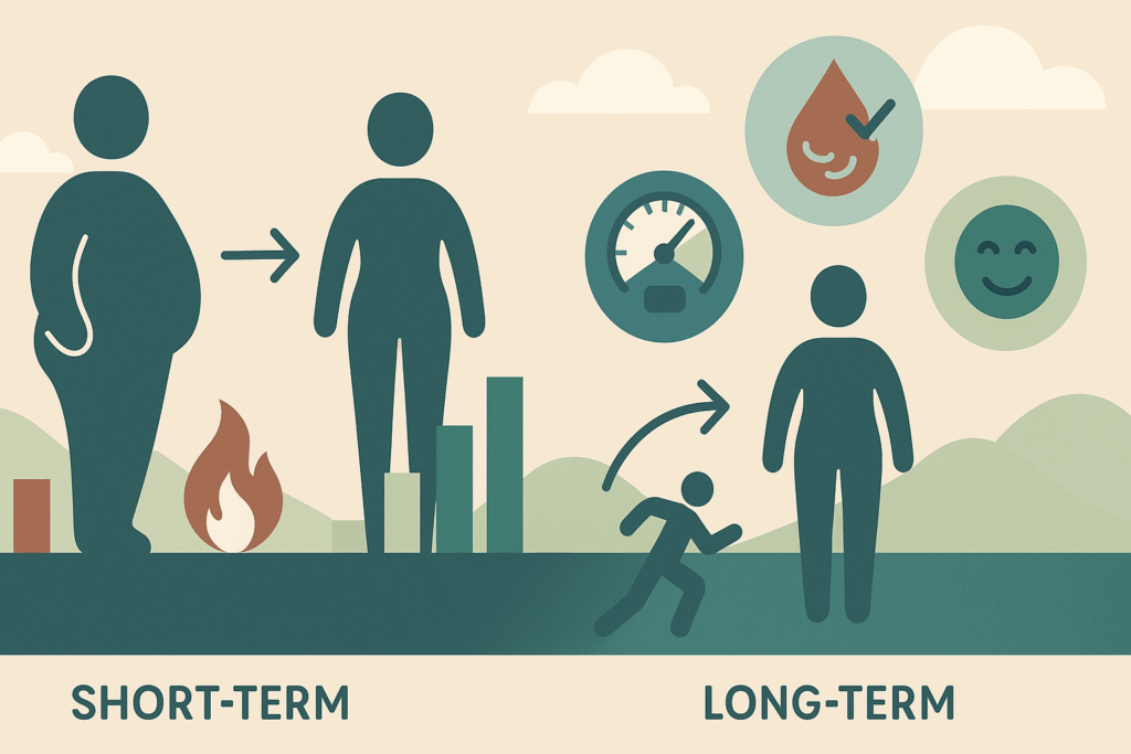Visual infographic comparing short-term and long-term results of Weight Loss Programs using icons for fat loss, inflammation, insulin sensitivity, blood pressure, mobility, and mental wellness.