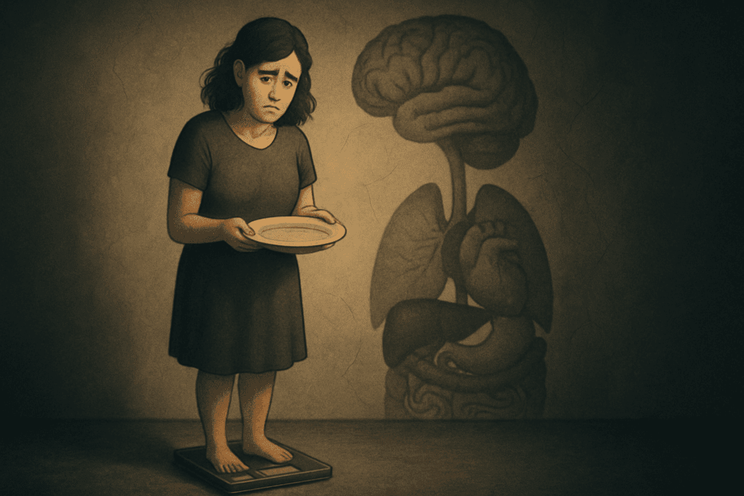 Confused woman holding an empty plate while standing on a scale, with shadows of a brain and organs behind her, symbolizing the question Why Am I Gaining Weight When I Barely Eat?