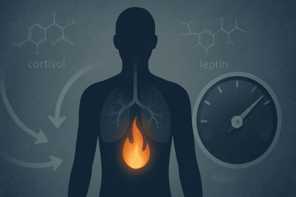 Scientific illustration of a human figure with slow-burning metabolic flame, low energy gauge, and hormonal signals showing why am I gaining weight when I barely eat?