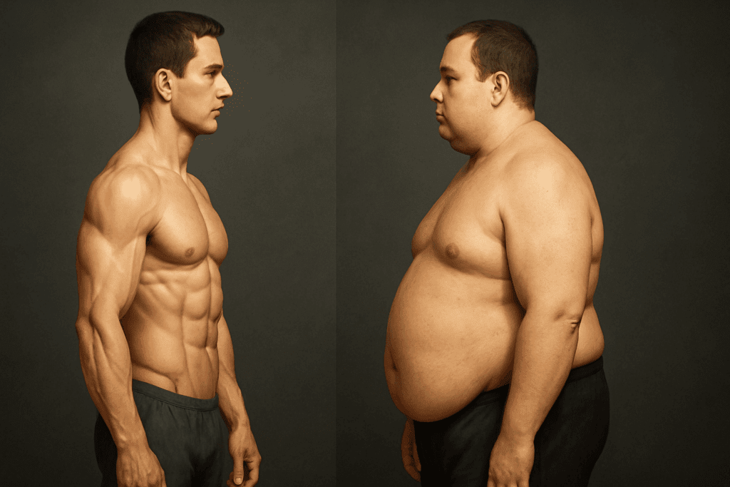 Side-by-side comparison of lean muscle versus higher fat mass illustrating body changes linked to Why Am I Gaining Weight When I Barely Eat?