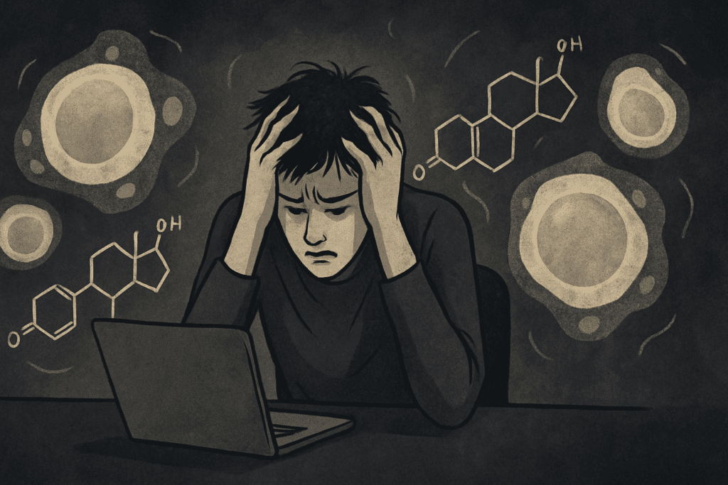 Stressed person sitting at desk with hands on head, surrounded by ghost-like fat cells and cortisol, illustrating Why Am I Gaining Weight When I Barely Eat?