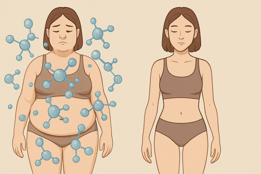 Side-by-side comparison of a bloated body with water retention and a normal body to illustrate weight fluctuations, answering Why Am I Gaining Weight When I Barely Eat?