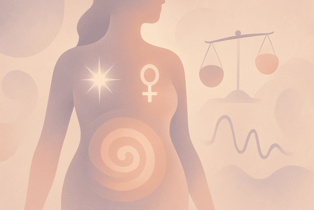 Abstract medical illustration symbolizing hormone imbalance in a female body, created for the article Why Am I Gaining Weight When I Barely Eat?
