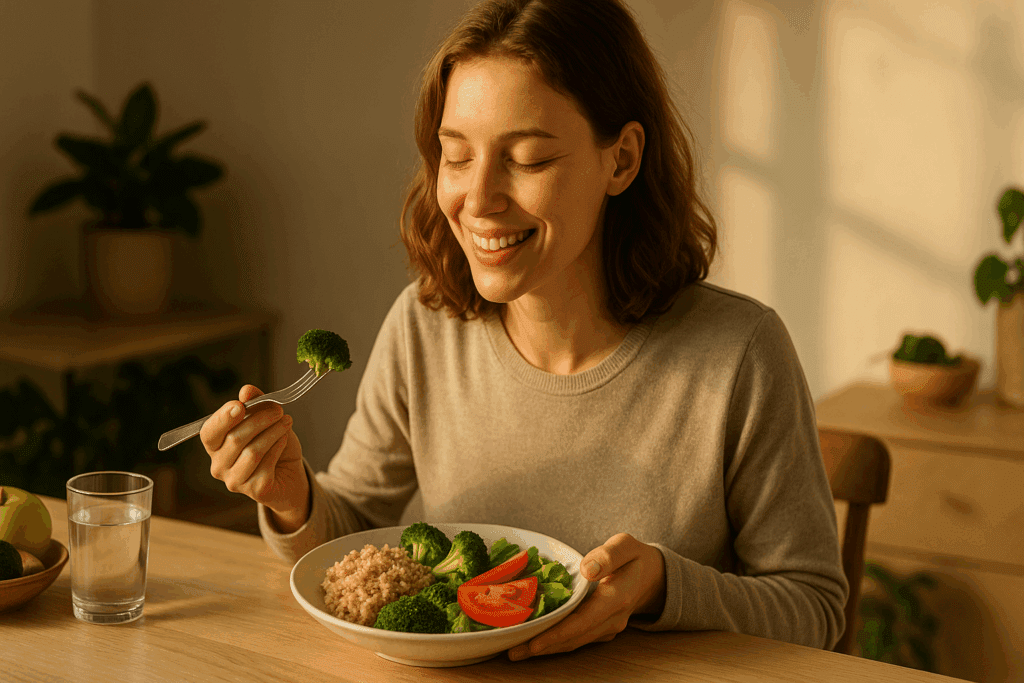 Smiling woman in recovery enjoying a healthy meal in sunlight, symbolizing healing tied to Why Am I Gaining Weight When I Barely Eat?
