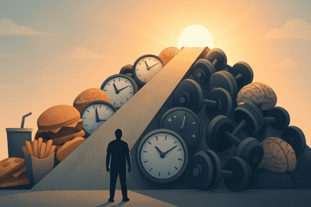 Person standing at the base of a metaphorical hill made of junk food, clocks, weights, and brains under a sunrise, symbolizing Why Is Losing Weight So Hard