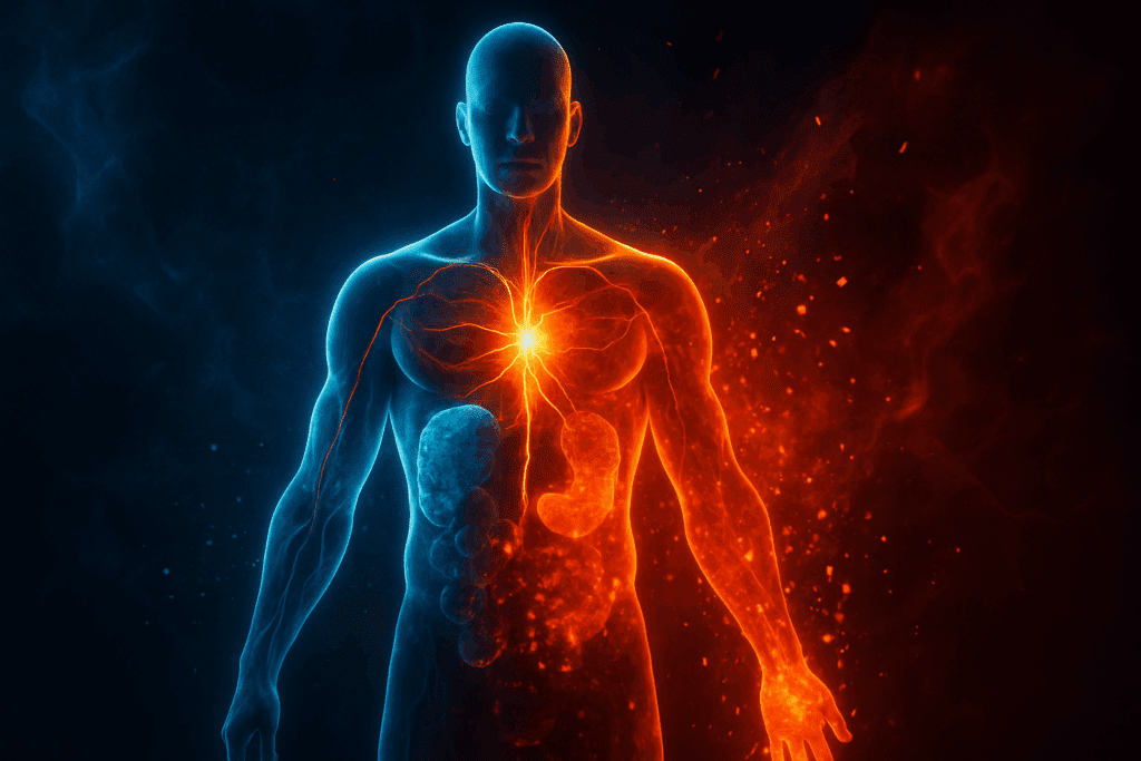 Dynamic human figure illustrating metabolism with glowing energy pathways and fat vs. muscle effects, visually exploring why is losing weight so hard.