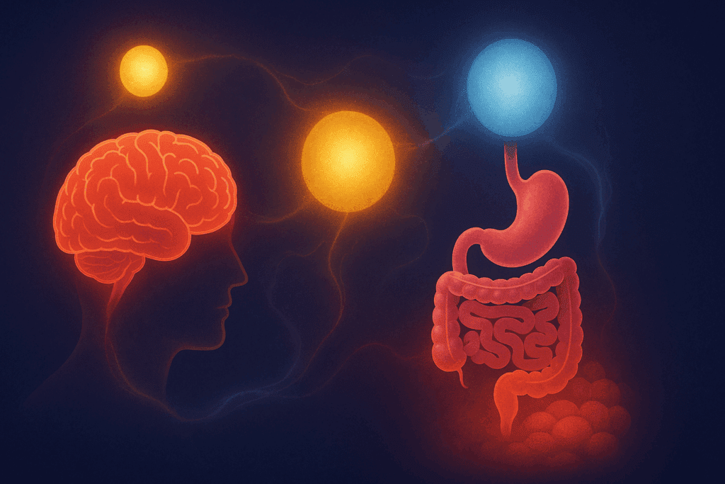 Glowing hormone orbs representing leptin, ghrelin, insulin, and cortisol interacting with brain and digestive system, visualizing Why Is Losing Weight So Hard.