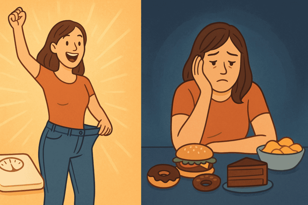 Split-screen illustration showing emotional highs and lows of yo-yo dieting, capturing the cycle of excitement and frustration to highlight why is losing weight so hard.
