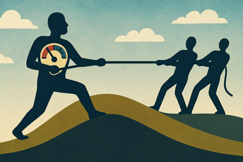 Stylized human silhouette in a tug-of-war with two figures, symbolizing the body resisting change, conceptually illustrating Why Is Losing Weight So Hard.