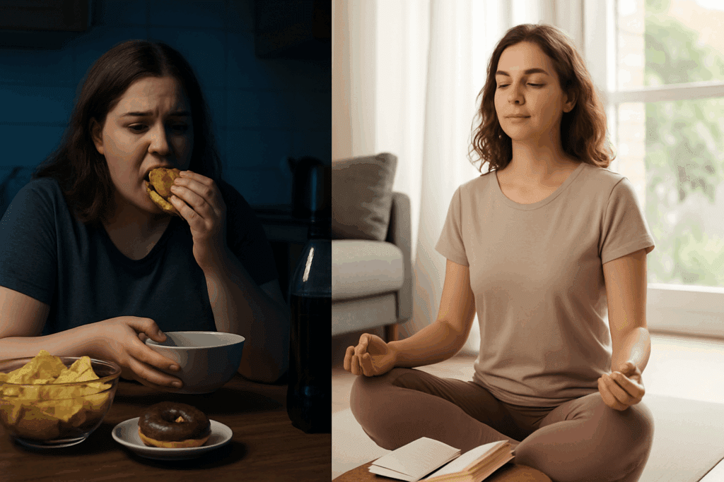 Split scene showing emotional eating in a dark kitchen and peaceful meditation in sunlight, illustrating Why Is Losing Weight So Hard