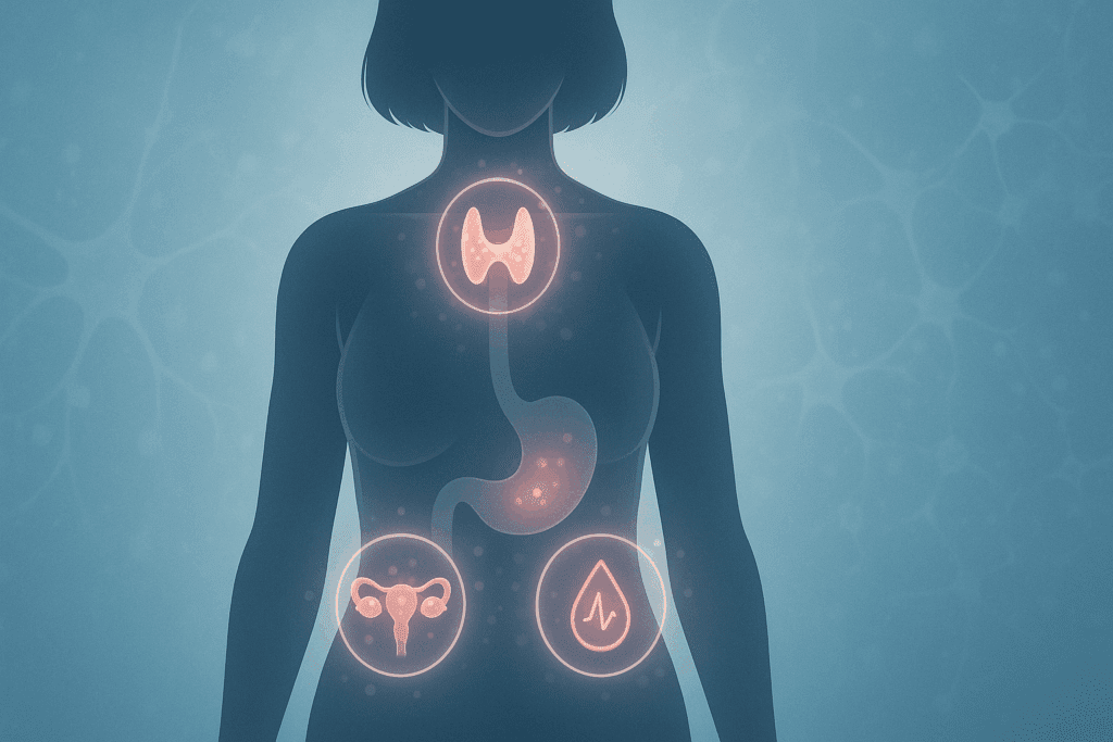 Female silhouette with thyroid, ovaries, and pancreas highlighted to explain Why Am I Not Losing Weight with Diet and Exercise?