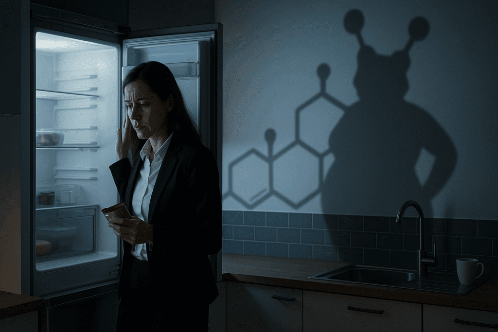 Stressed woman in business attire grabbing a late-night snack from the fridge, symbolizing hormonal weight struggles linked to cortisol, illustrating the question Why Am I Not Losing Weight with Diet and Exercise?