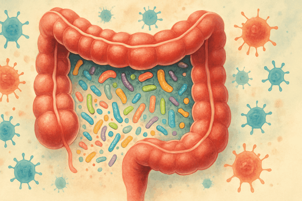 Cross-section of human gut showing colorful microbiome bacteria and inflammation cells, illustrating Why Am I Not Losing Weight with Diet and Exercise?