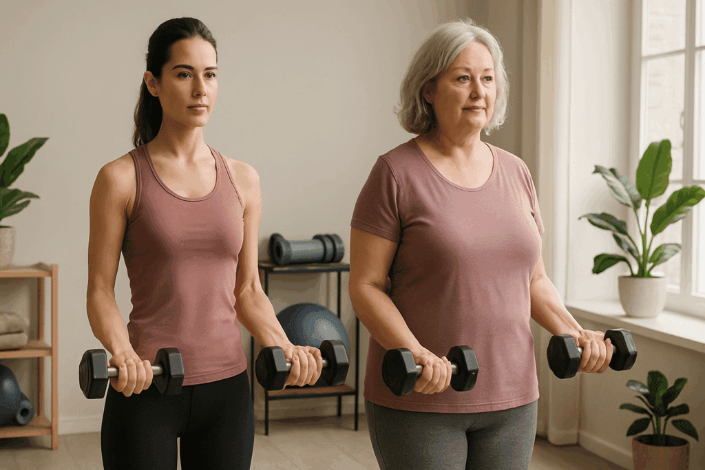 Two women strength training at home, visually illustrating age-related body changes in a wellness setting, supporting the topic Why Am I Not Losing Weight with Diet and Exercise?