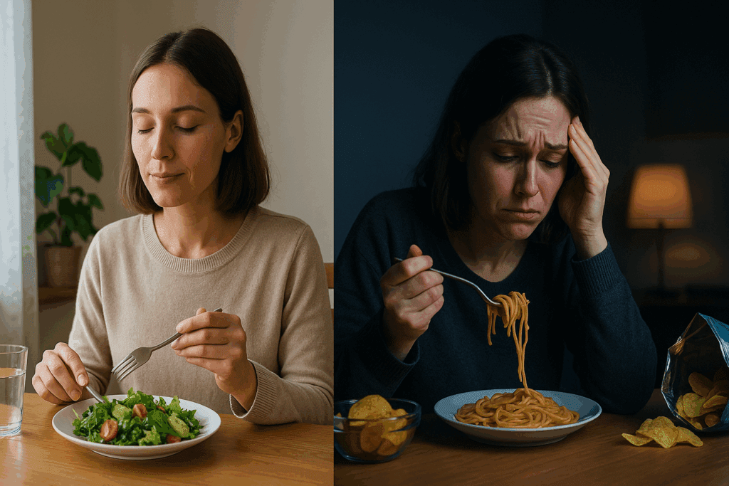 Split-scene showing a woman calmly eating a salad by day and emotionally eating pasta at night, symbolizing the struggle behind Why Am I Not Losing Weight with Diet and Exercise?