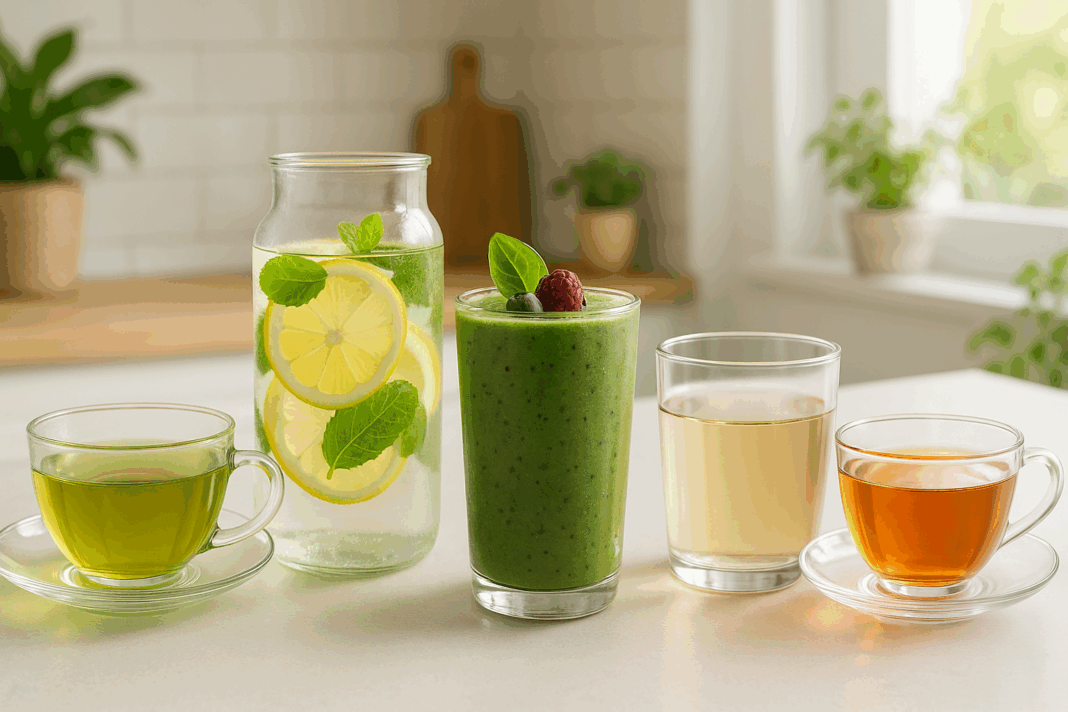 Healthy kitchen countertop displaying the best beverages for belly fat loss, including green tea, lemon mint water, a green smoothie with berries, apple cider vinegar water, and herbal tea.