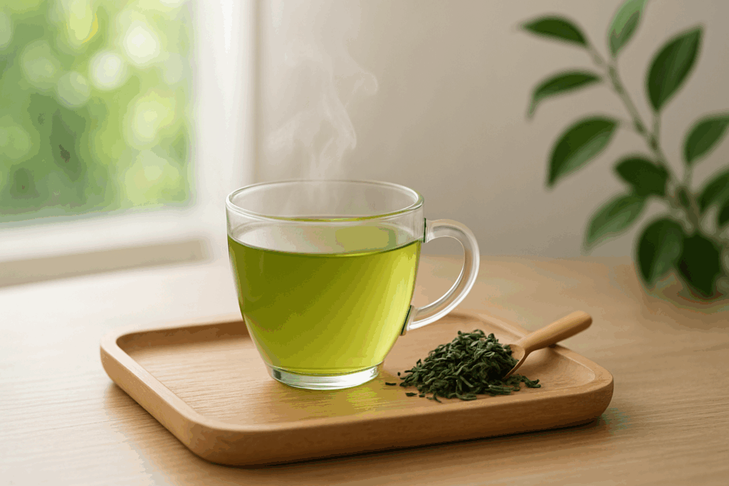 Steaming cup of green tea on a wooden tray with loose leaves and a bamboo scoop, promoting the best beverages for belly fat loss.