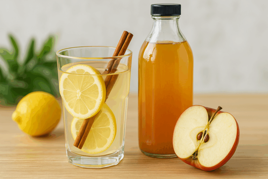 Glass of apple cider vinegar water with lemon and cinnamon beside vinegar bottle and apple, representing best beverages for belly fat loss