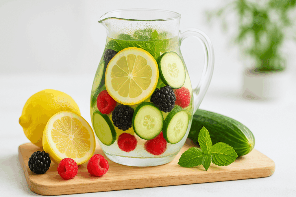 Glass pitcher of infused water with lemon, cucumber, mint, and berries on a cutting board, illustrating the best beverages for belly fat loss.