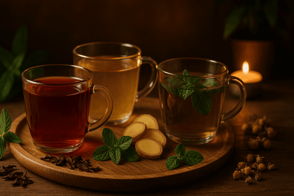 Cozy nighttime scene with hibiscus, peppermint, and ginger herbal teas in glass cups on a wooden tray, representing the best beverages for belly fat loss.