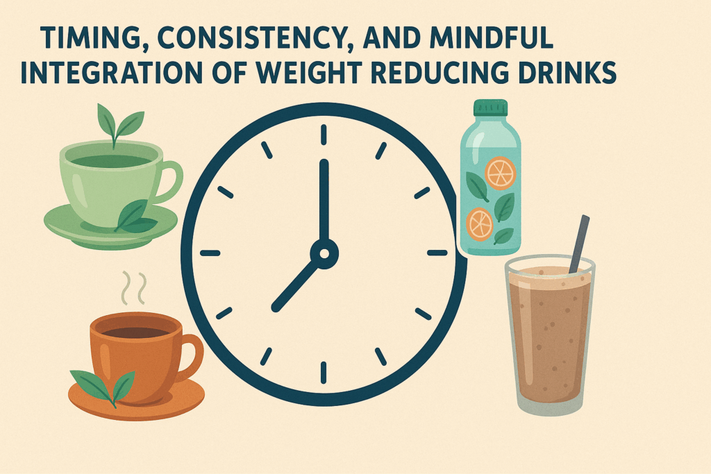 Infographic clock showing best beverages for belly fat loss with icons of green tea, infused water, black coffee, protein smoothie, and herbal tea at timed intervals.