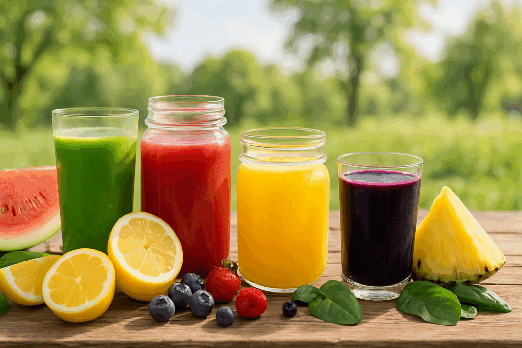 Colorful glasses and mason jars of the best diet fruit drinks for weight loss, surrounded by fresh berries, lemons, watermelon, pineapple, and leafy greens on a rustic outdoor table in sunlight.