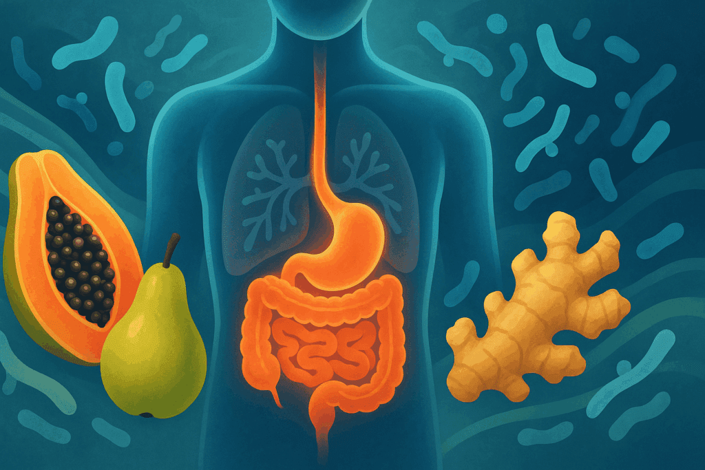 Stylized glowing digestive system in a translucent human torso surrounded by papaya, pear, ginger, and probiotic visuals promoting Best Diet Fruit Drinks for Weight Loss