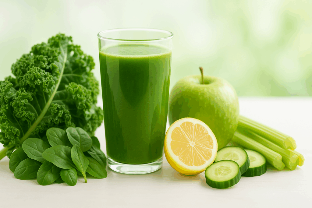 Fresh green juice in a clear glass surrounded by kale, spinach, celery, cucumber, green apple, and lemon slices — one of the best diet fruit drinks for weight loss.