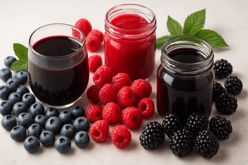 Flat lay of colorful berry juices surrounded by fresh blueberries, raspberries, and blackberries, representing the Best Diet Fruit Drinks for Weight Loss