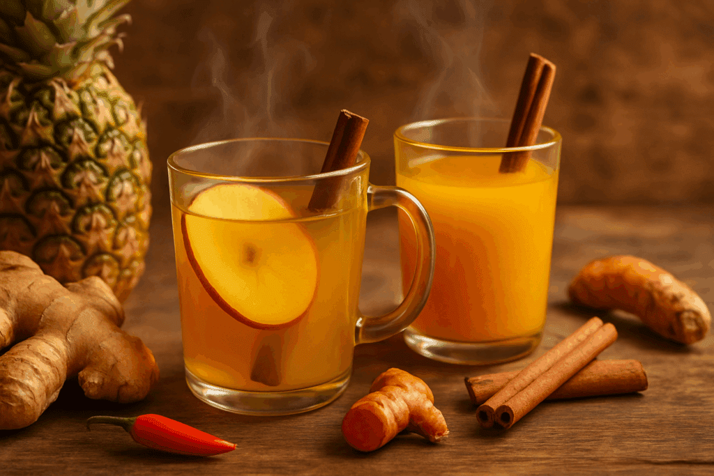 Warm spiced fruit drinks made with pineapple, ginger, cinnamon, and turmeric on a rustic table, showcasing the Best Diet Fruit Drinks for Weight Loss.