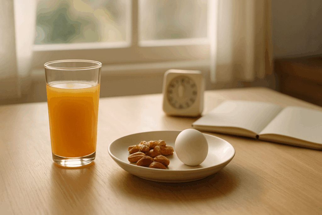 Glass of juice beside boiled egg and mixed nuts on a breakfast table with natural light, illustrating Best Diet Fruit Drinks for Weight Loss in a morning nutrition scene.