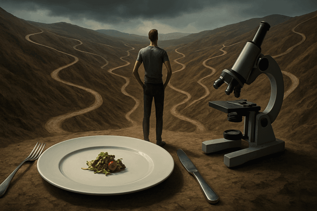 Man facing multiple narrow paths in a barren landscape beside a tiny salad on a large plate and a microscope, symbolizing the discipline and choices behind What Is the Strictest Diet.
