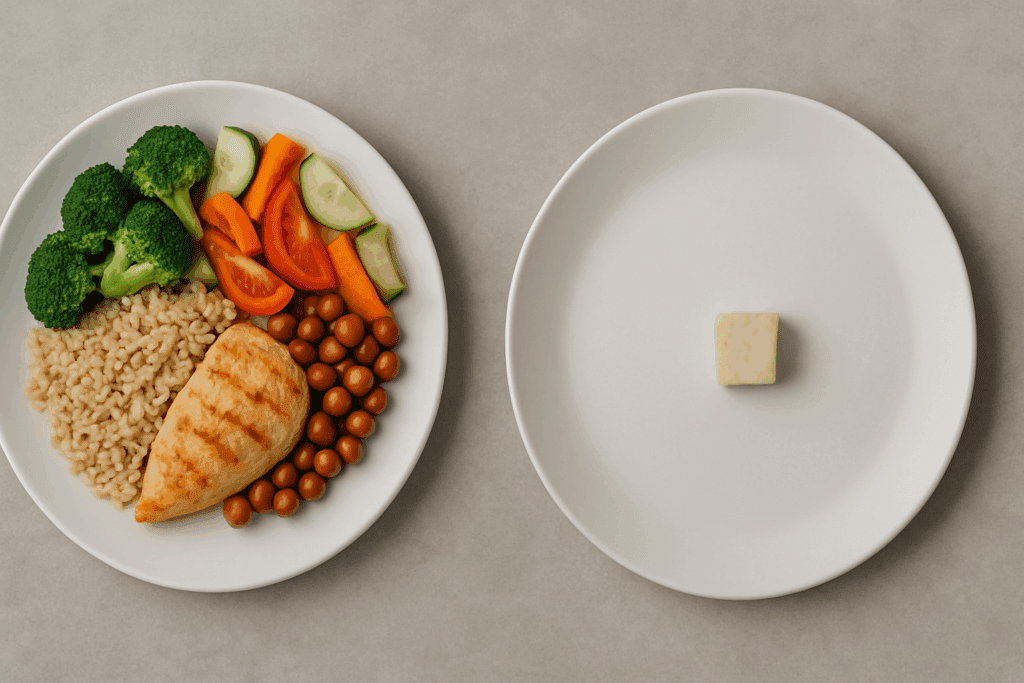 Side-by-side comparison of a balanced diet plate with colorful whole foods and an extremely restricted meal showing minimal, plain food, illustrating What Is the Strictest Diet