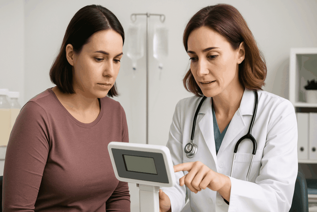 Doctor consulting with a patient in a medical clinic about What Is the Strictest Diet using a digital scale and supervised health tools.